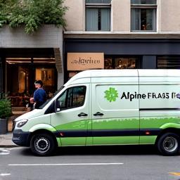 Ein Lieferwagen der Alpine Fresh Foods AG vor einem Restaurant.